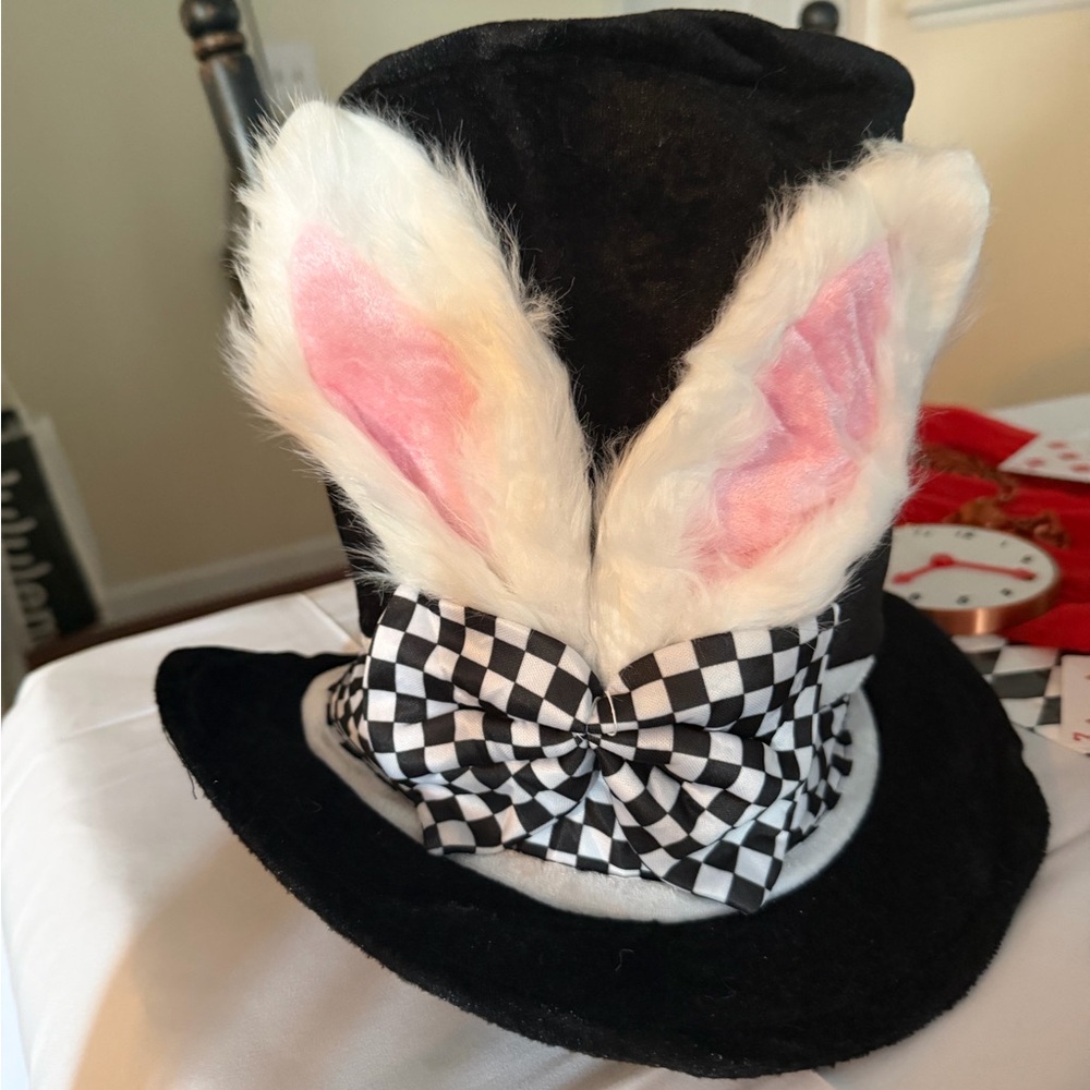 Black Hat with Bunny Ears and Checkered Bow
